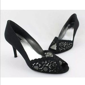 Stuart weitzman - black satin lace peep toe pump